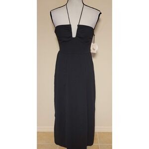 Black Strapless Midi Dress with Plunge Neckline